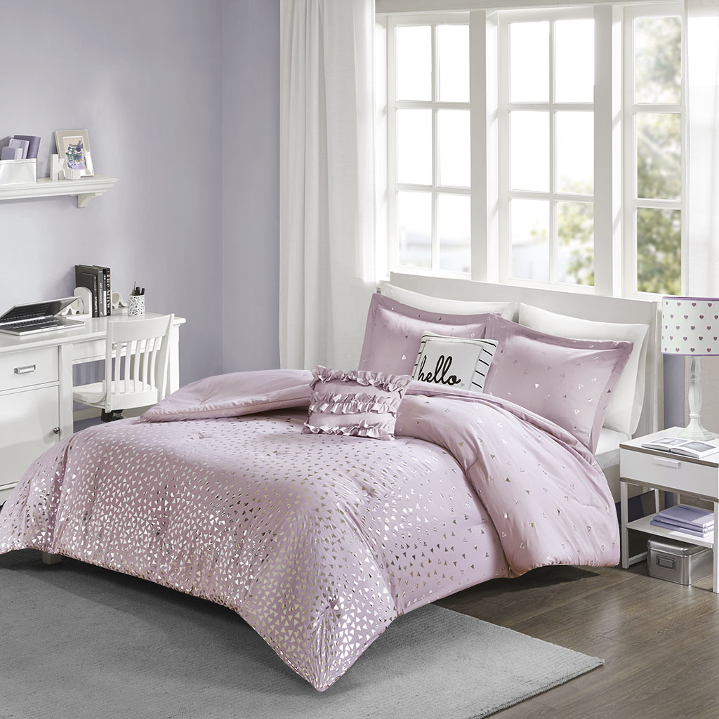 

Intelligent Design - Zoey Metallic Triangle Print Comforter Set - Purple/Silver - Full/Queen