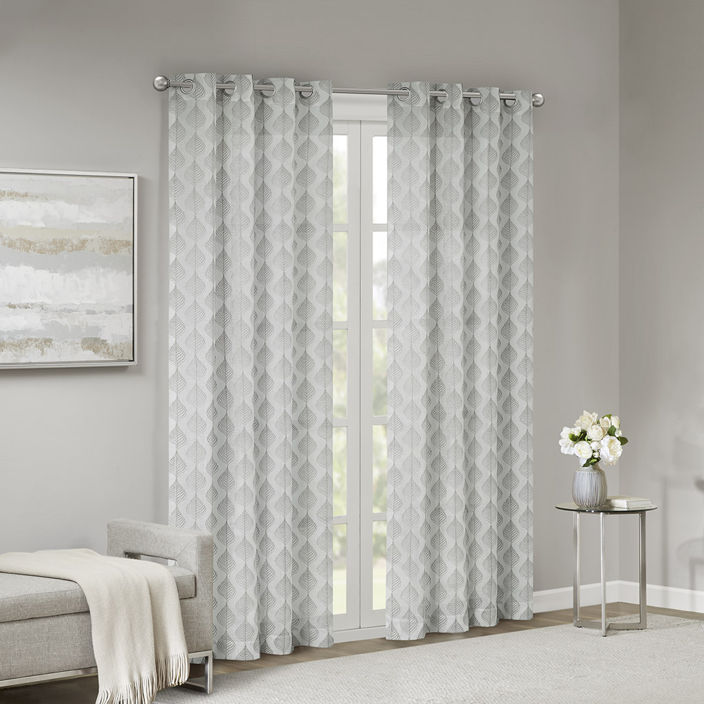 

Madison Park - Nadal Leaf Embroidered Grommet Sheer Window Curtain - Grey - 50x95