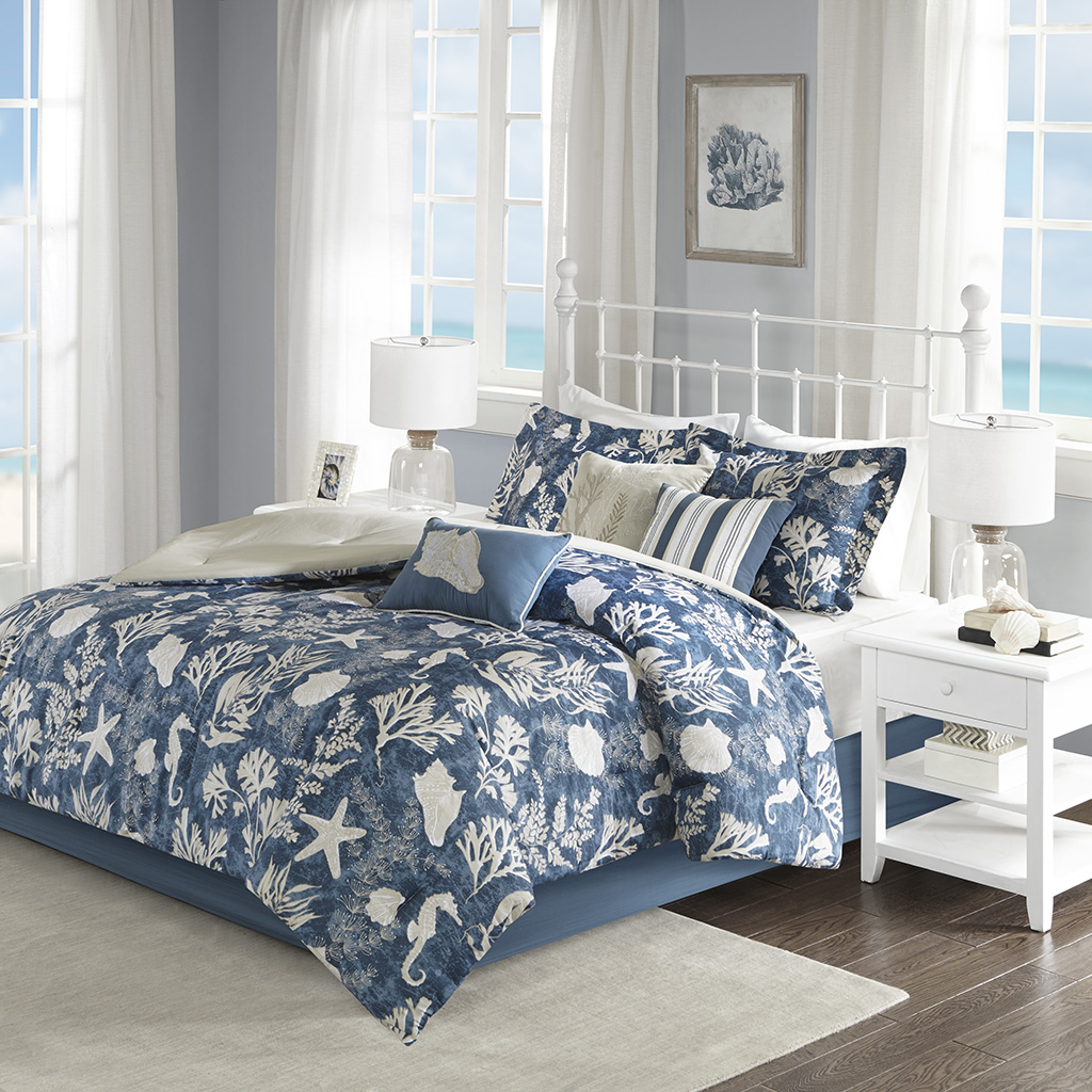 Madison Park Cape Cod 7 Piece Cotton Sateen Comforter Set Blue