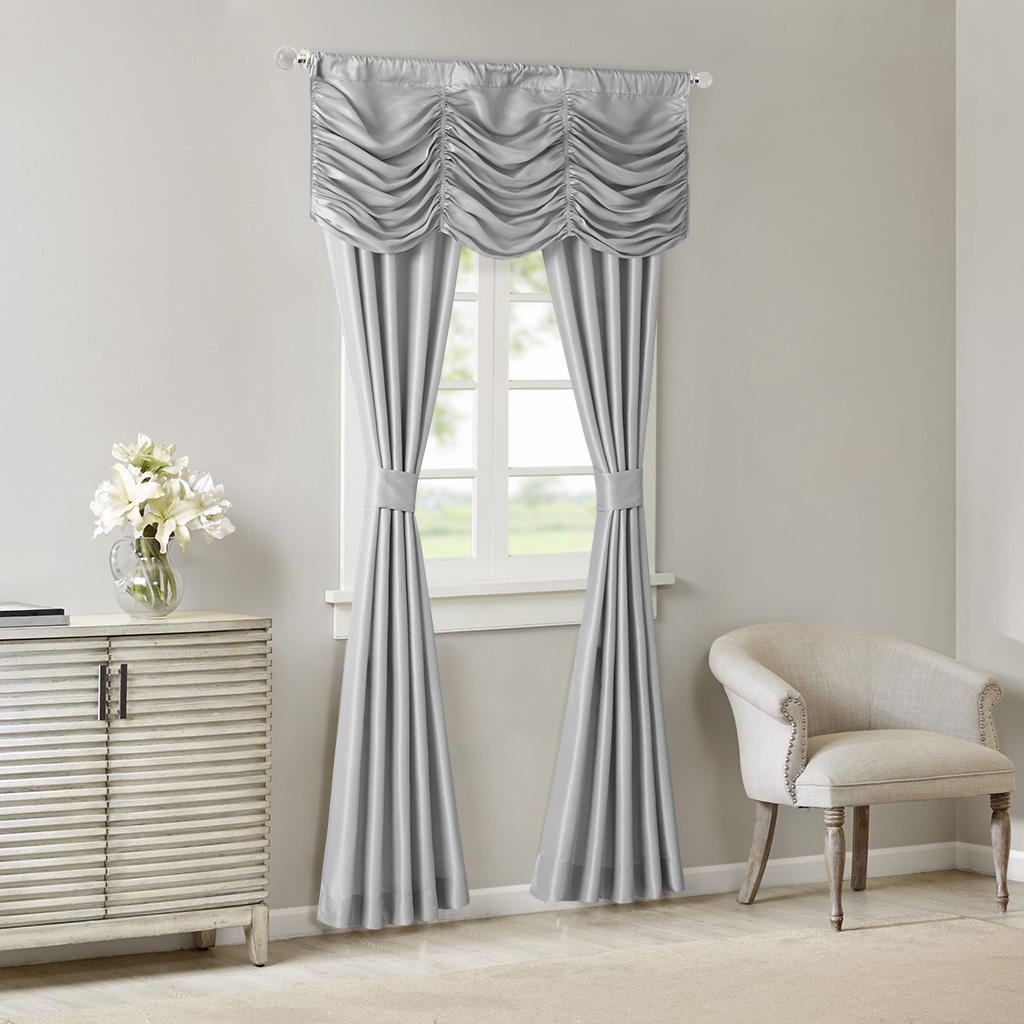 

Madison Park - Daphne Solid Faux Silk 5PC Window Set - Silver - See below