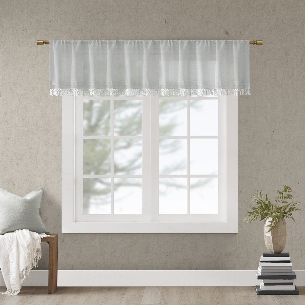 

Madison Park - Brynn Faux Linen Rod Pocket Valance With Tassel Trim - Grey - 50x18