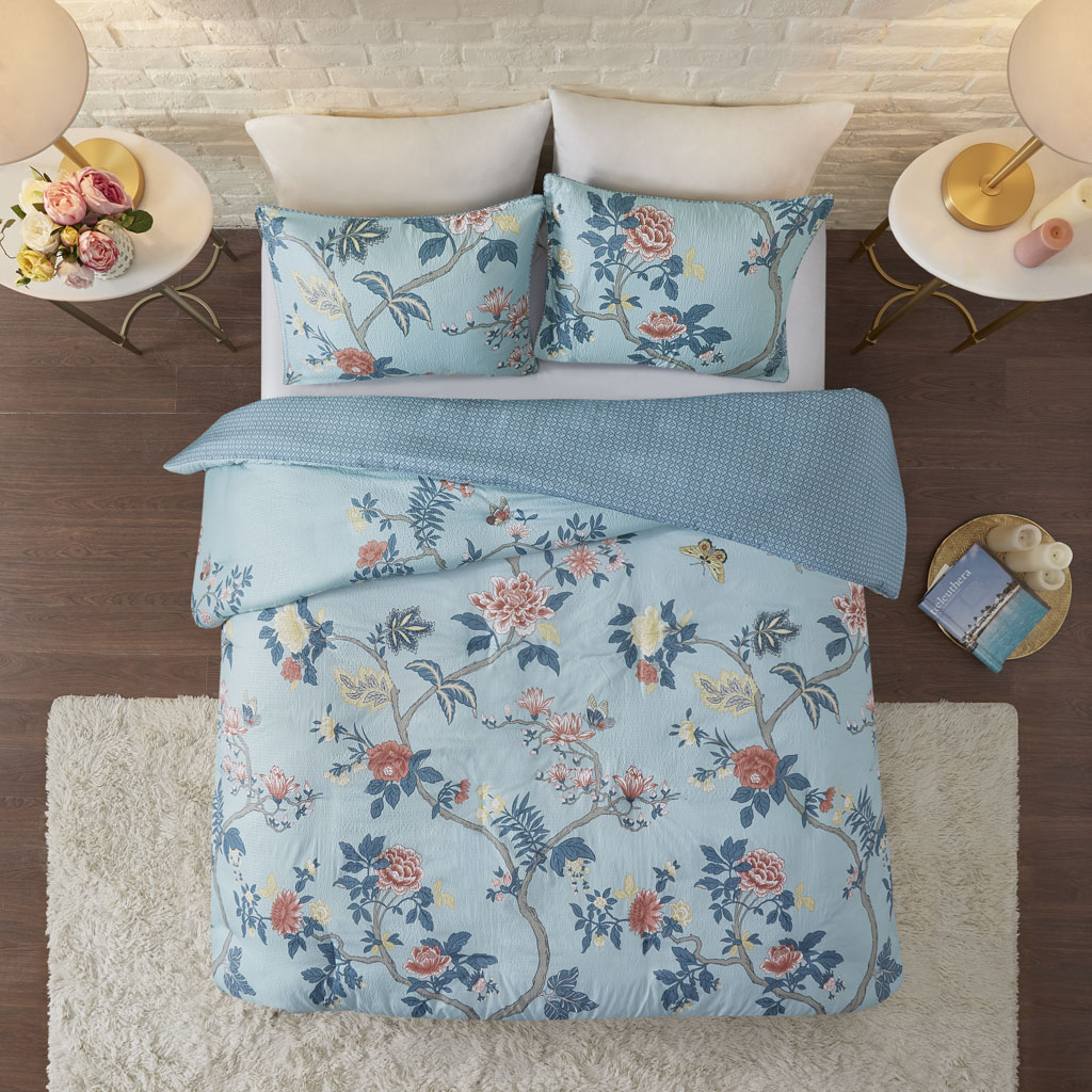 

Madison Park - Charleston Garden 3 Piece Reversible Printed Seersucker Duvet Cover Set - Blue - King/Cal King