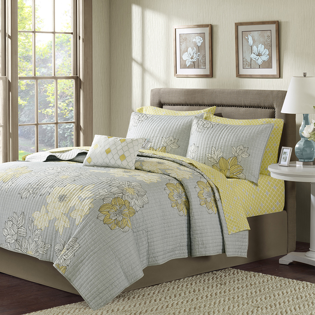

Madison Park Essentials - Avalon Complete Reversible Coverlet and Cotton Sheet Set - Grey - Queen