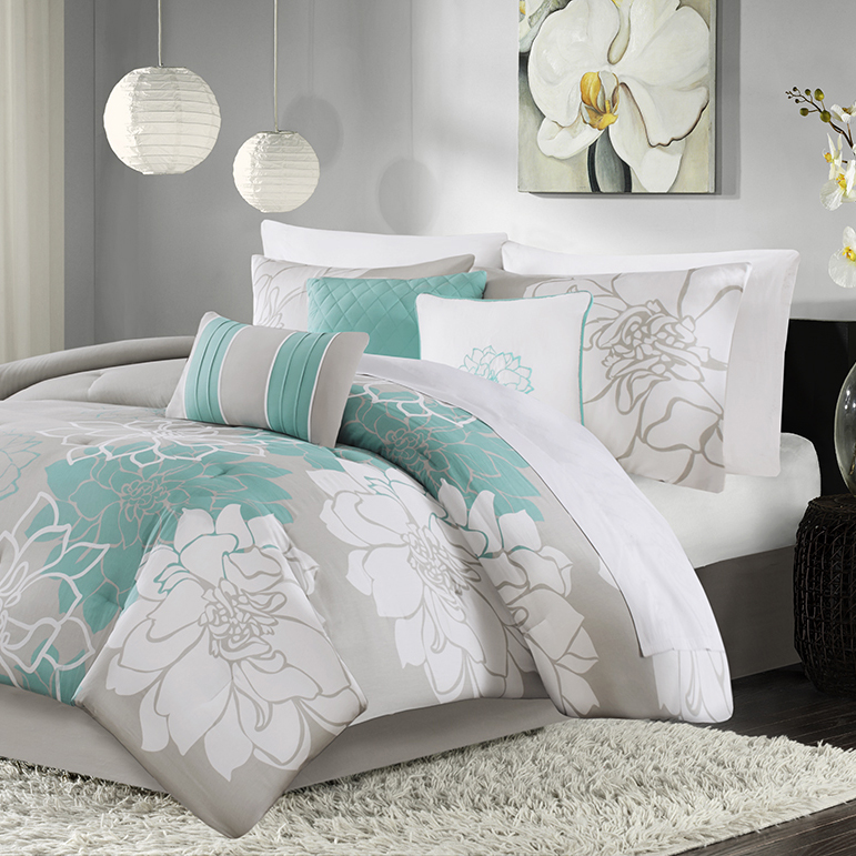 

Madison Park - Lola Comforter Set - Aqua - Queen