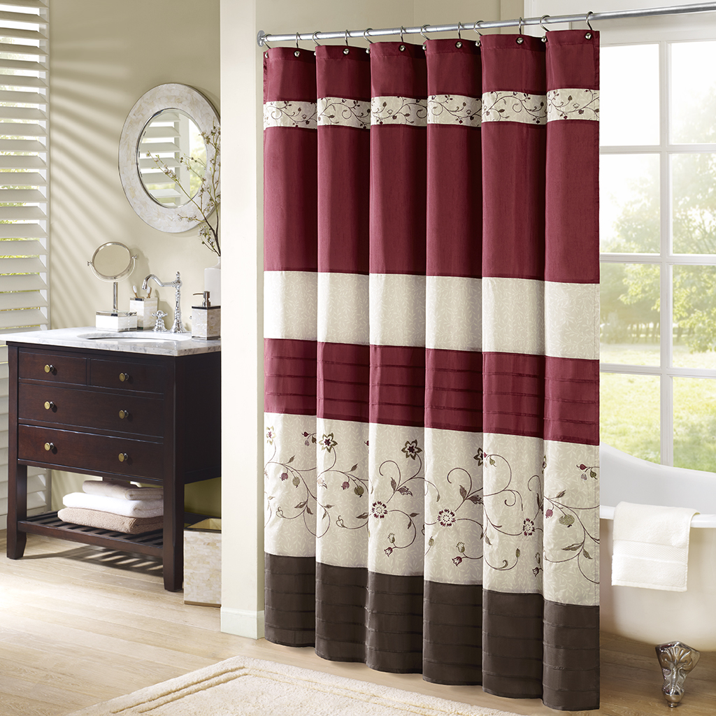 

Madison Park - Serene Faux Silk Embroidered Floral Shower Curtain - Red - 72x84