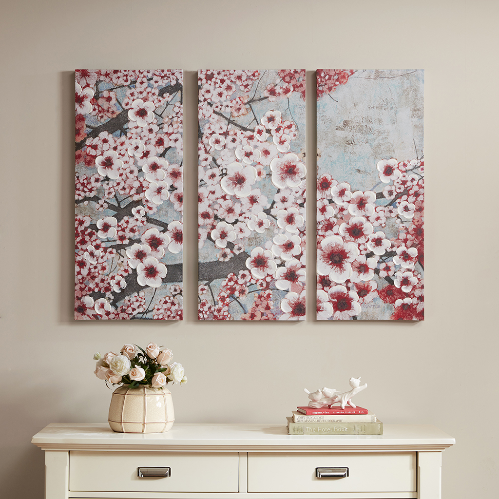 

Madison Park - Gleeful Blossoms Wine Hand Embellished Printed Canvas 3 Piece Set - Burgundy - See below