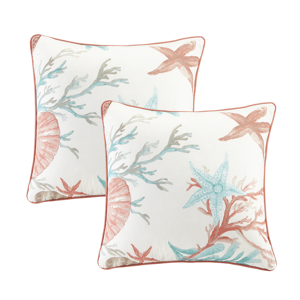 

Madison Park - Pebble Beach Cotton Printed Square Pillow Pair with Solid Reverse - Coral - 20x20