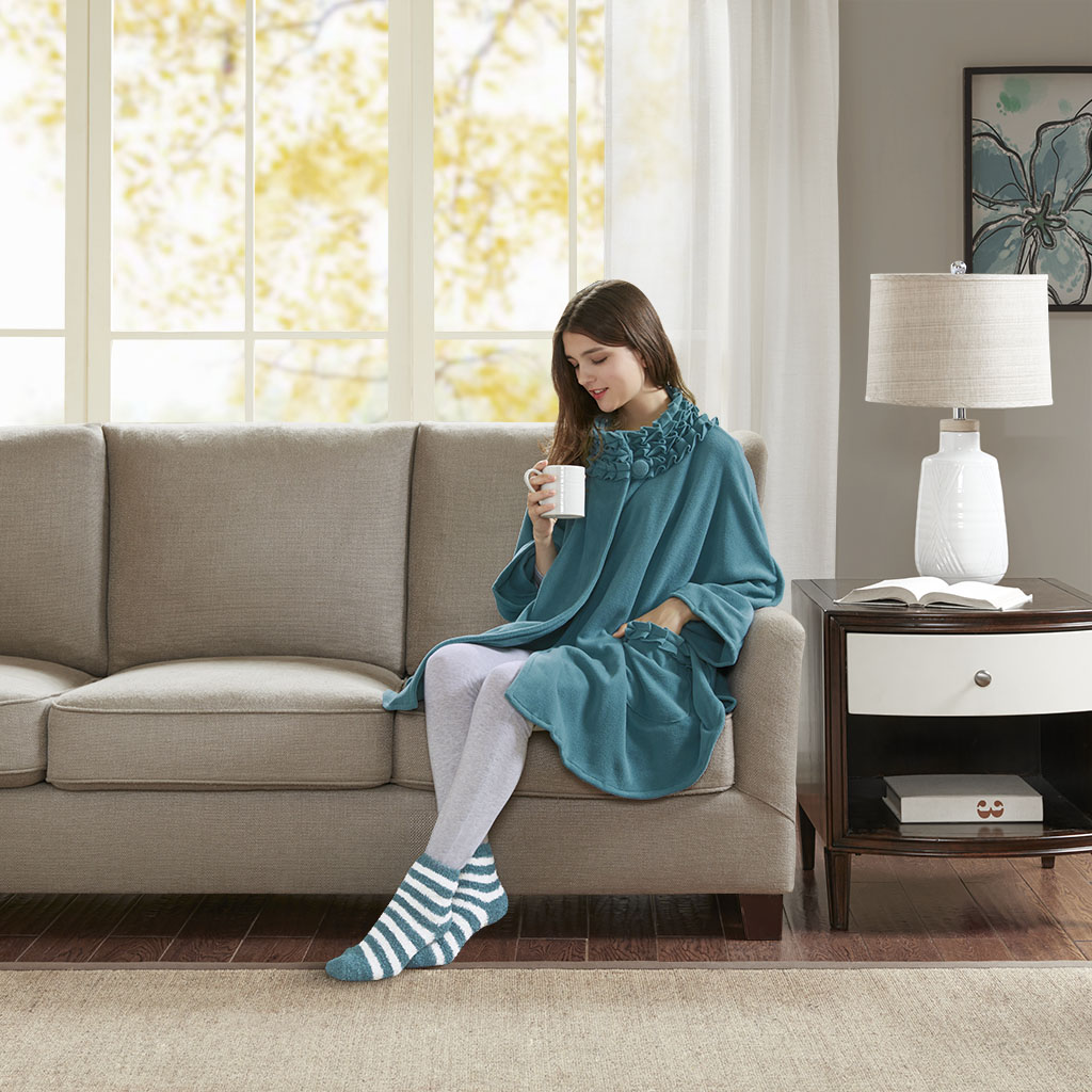 

Premier Comfort - Ruffle Trim Fleece Angel Wrap with Sock Set - Teal - 56x68
