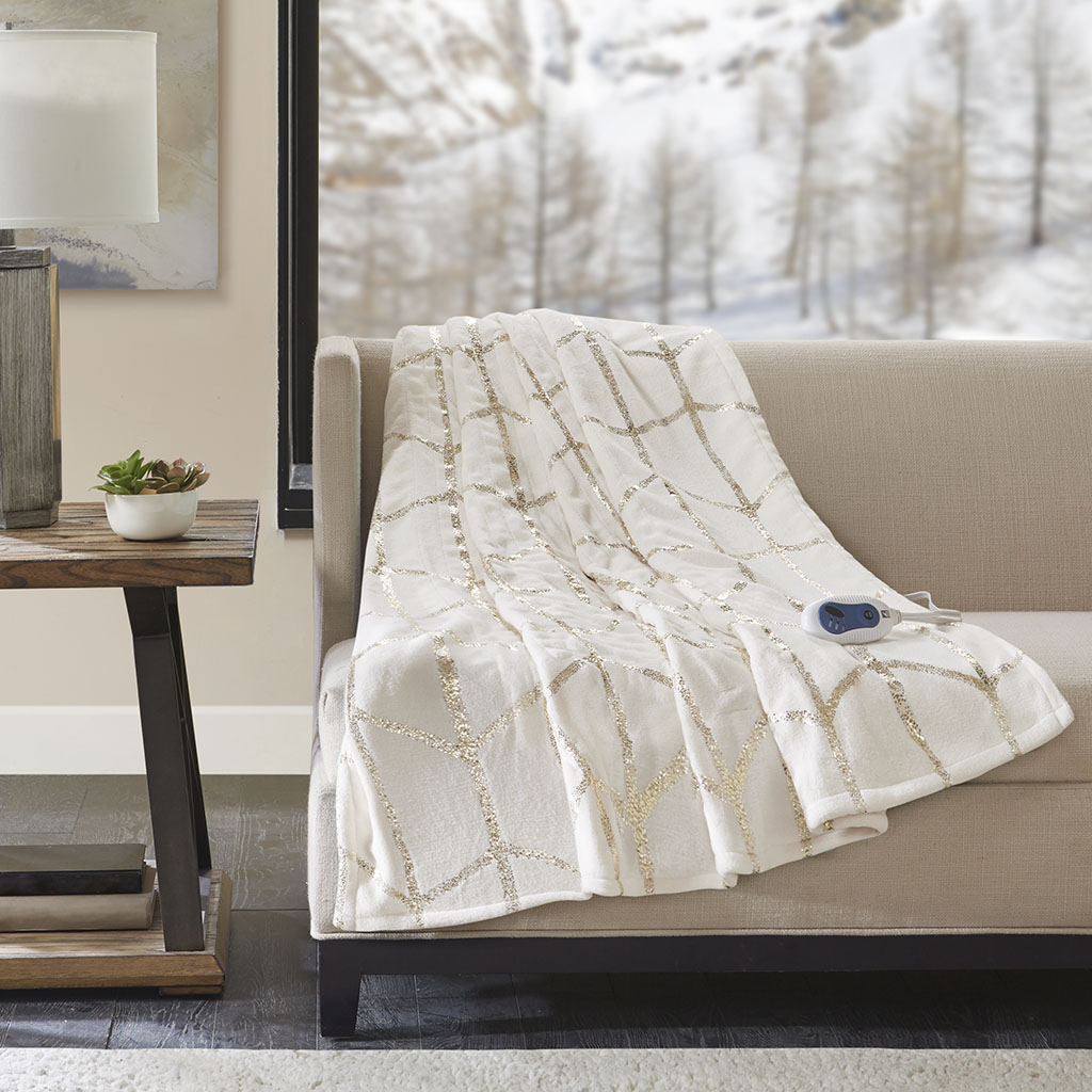 

True North by Sleep Philosophy - Raina Heated Metallic Print Throw - Ivory - 50x60