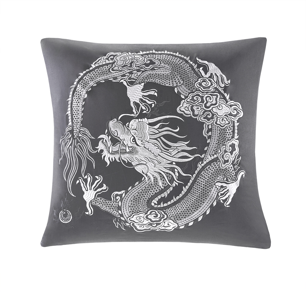 

Natori - Sterling Dragon Embroidered Cotton Sateen Euro Sham - Grey - 26x26