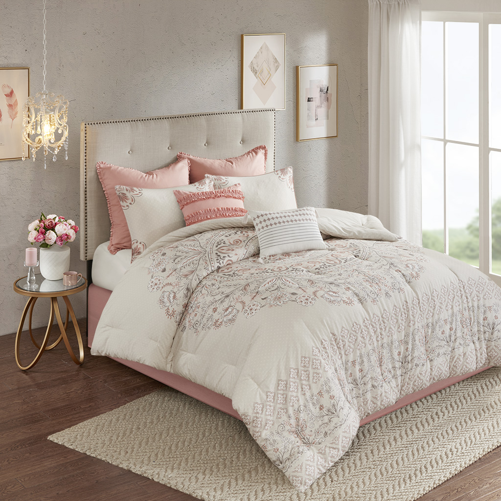 

Madison Park - Elise 8 Piece Cotton Printed Reversible Comforter Set - Blush - Cal King
