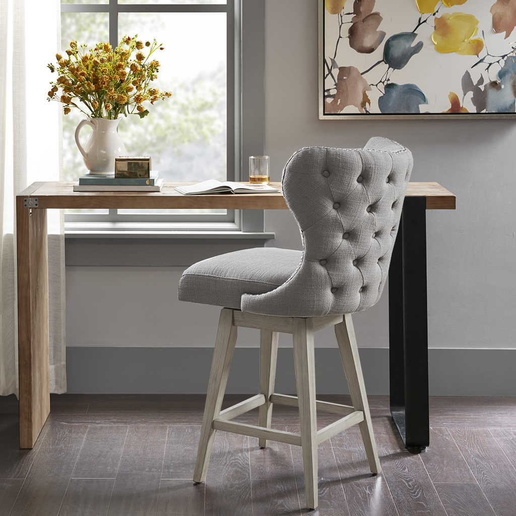 

Madison Park - Hancock High Wingback Button Tufted Upholstered 27" Swivel Counter Stool with Nailhead Accent - Grey - See below