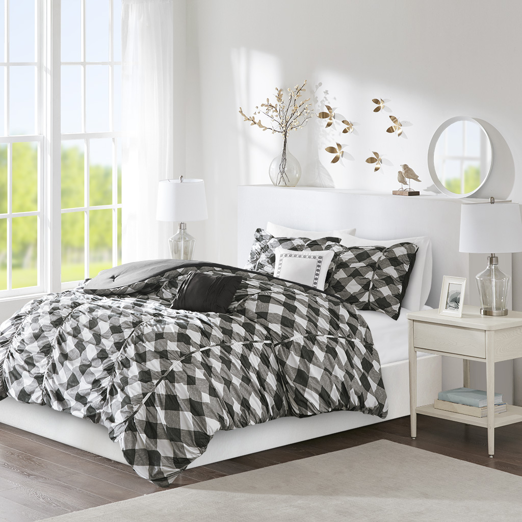 

Intelligent Design - Kelsie Ruched Gingham Print Comforter Set - Black/Grey - Twin/Twin XL