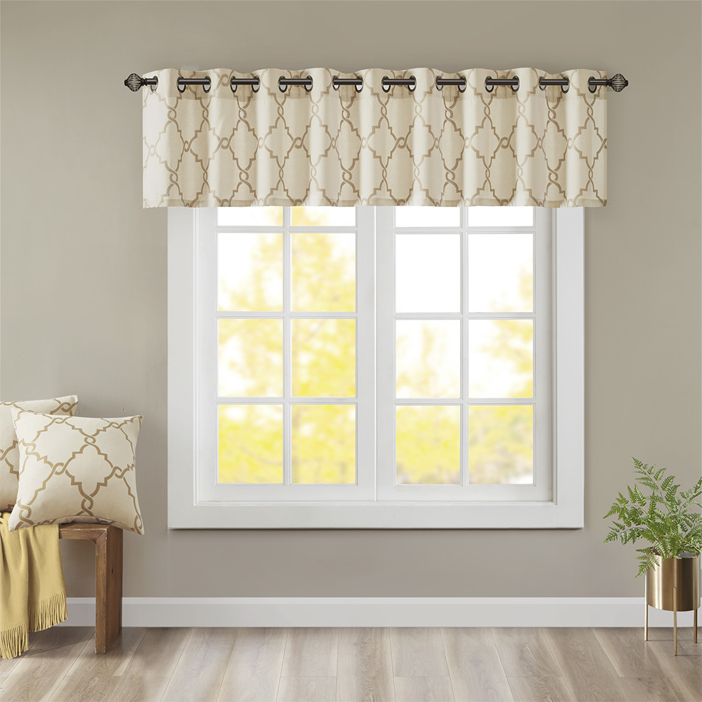 

Madison Park - Saratoga Fretwork Print Grommet Top Window Valance - Beige/Gold - 50x18