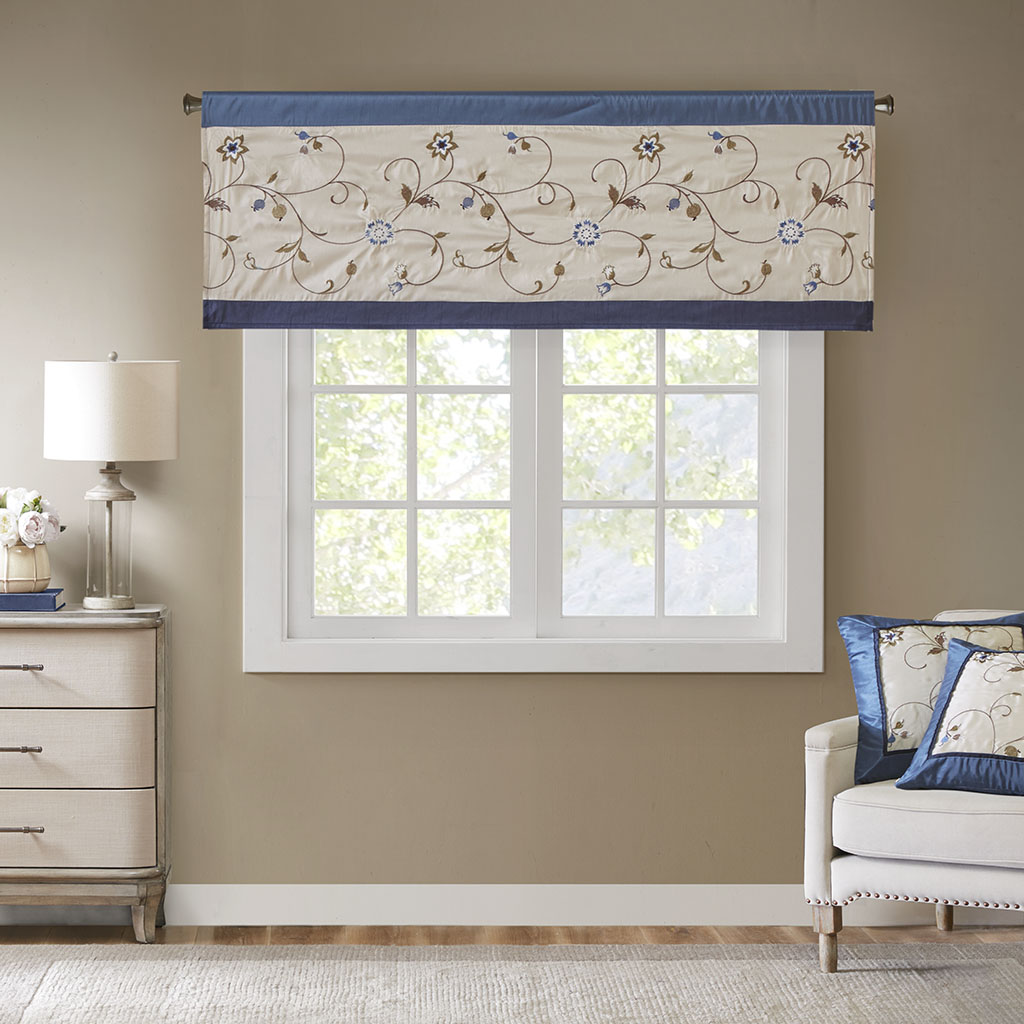 

Madison Park - Serene Embroidered Window Valance - Navy - 50x18