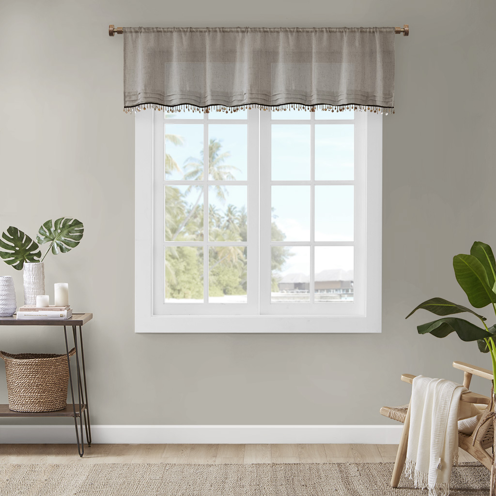 

Madison Park - Dalis Faux Linen Rod Pocket Valance With Shell Trim - Taupe - 50x18