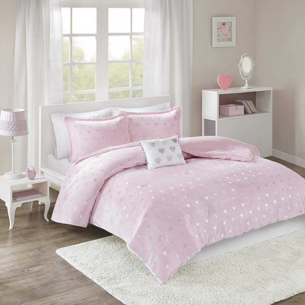 

Mi Zone - Rosalie Metallic Printed Plush Comforter Set - Pink/Silver - Full/Queen