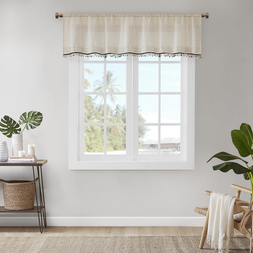 

Madison Park - Dalis Faux Linen Rod Pocket Valance With Shell Trim - Natural - 50x18