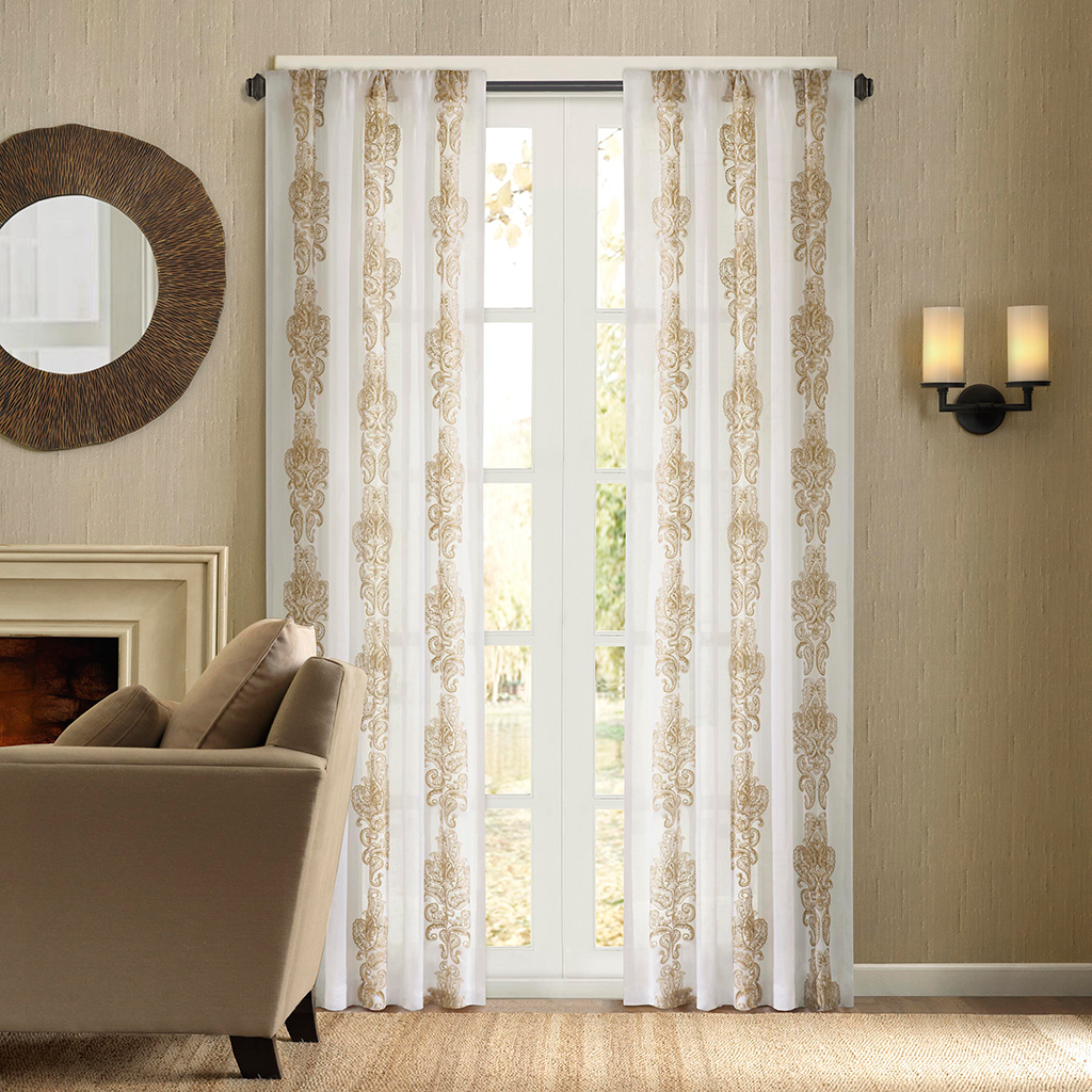 

Madison Park - Madrid Faux Silk Embroidery Window Curtain - Beige - See below