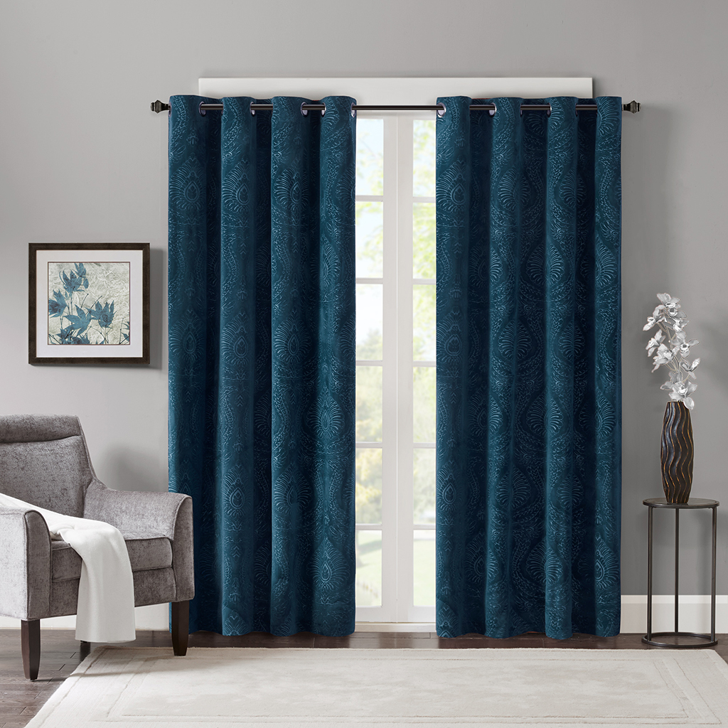 

Madison Park - Milan Embossed Damask Velvet Panel - Teal - 84" Panel