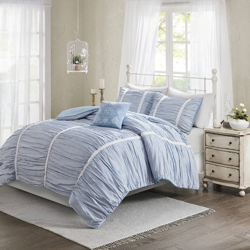 

Madison Park - Ana 4 Piece Ruched Cotton Comforter Set - Blue - Full/Queen