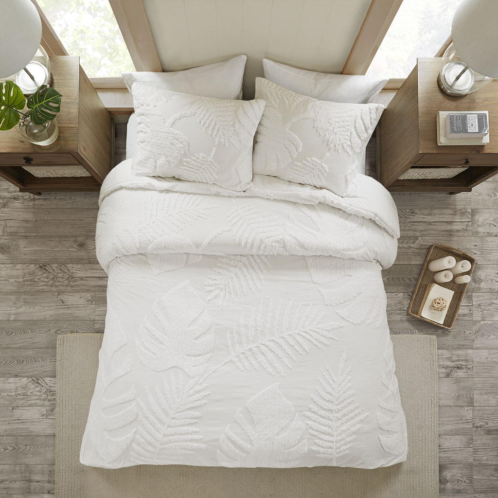 

Madison Park - Bahari 3 Piece Tufted Cotton Chenille Palm Duvet Cover Set - White - Full/Queen