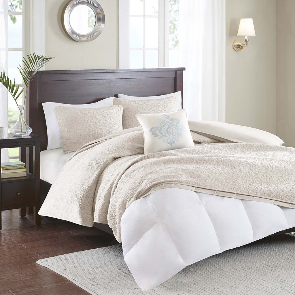 

Madison Park - Quebec 4 Piece 2-in-1 Duvet Set - Ivory - Full/Queen
