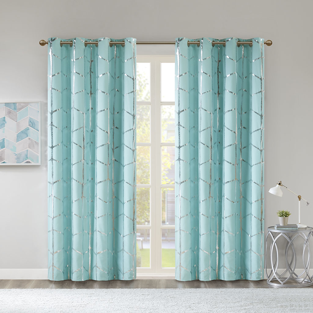 

Intelligent Design - Raina Total Blackout Metallic Print Grommet Top Curtain Panel - Aqua/Silver - 50x63