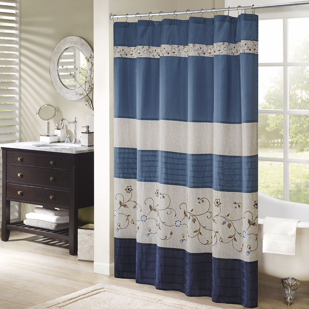 

Madison Park - Serene Faux Silk Embroidered Floral Shower Curtain - Navy - 72x72