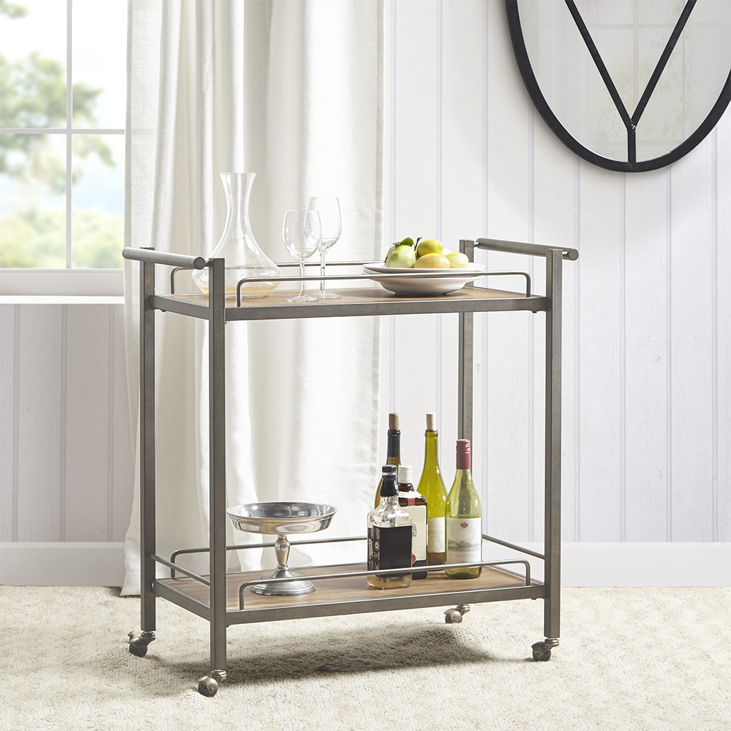 

Martha Stewart - Jemma Pine Veneer Silver Metal Bar Cart - Reclaimed Oak / Antique Silver - See below