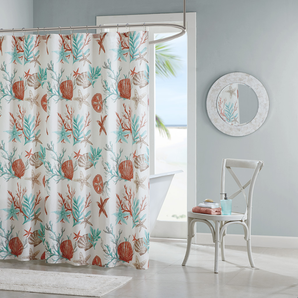 

Madison Park - Pebble Beach Cotton Printed Shower Curtain - Coral - 72x72