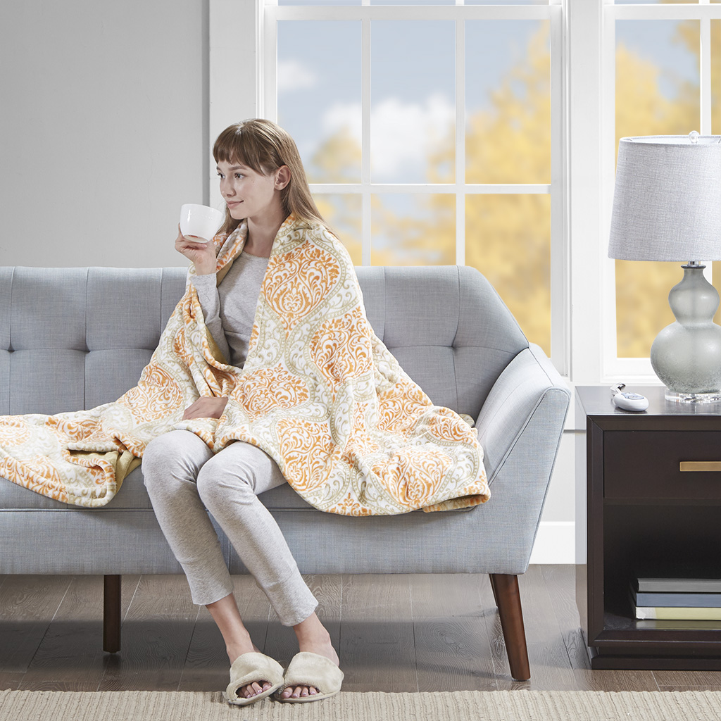 

Beautyrest - Senna Heated Print Plush Throw - Orange - 60x70