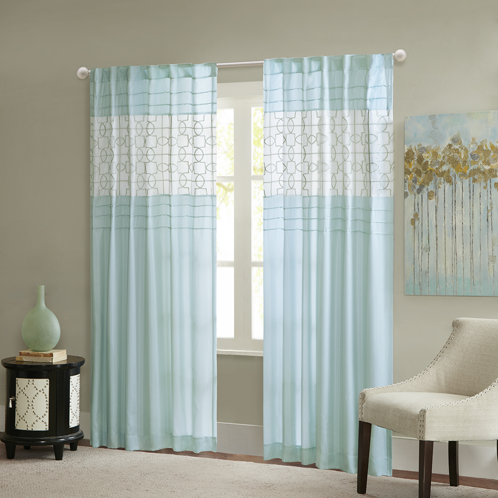 

Madison Park - Bradford Pieced Embroidered Fret Window Curtain - Aqua - 84" Panel