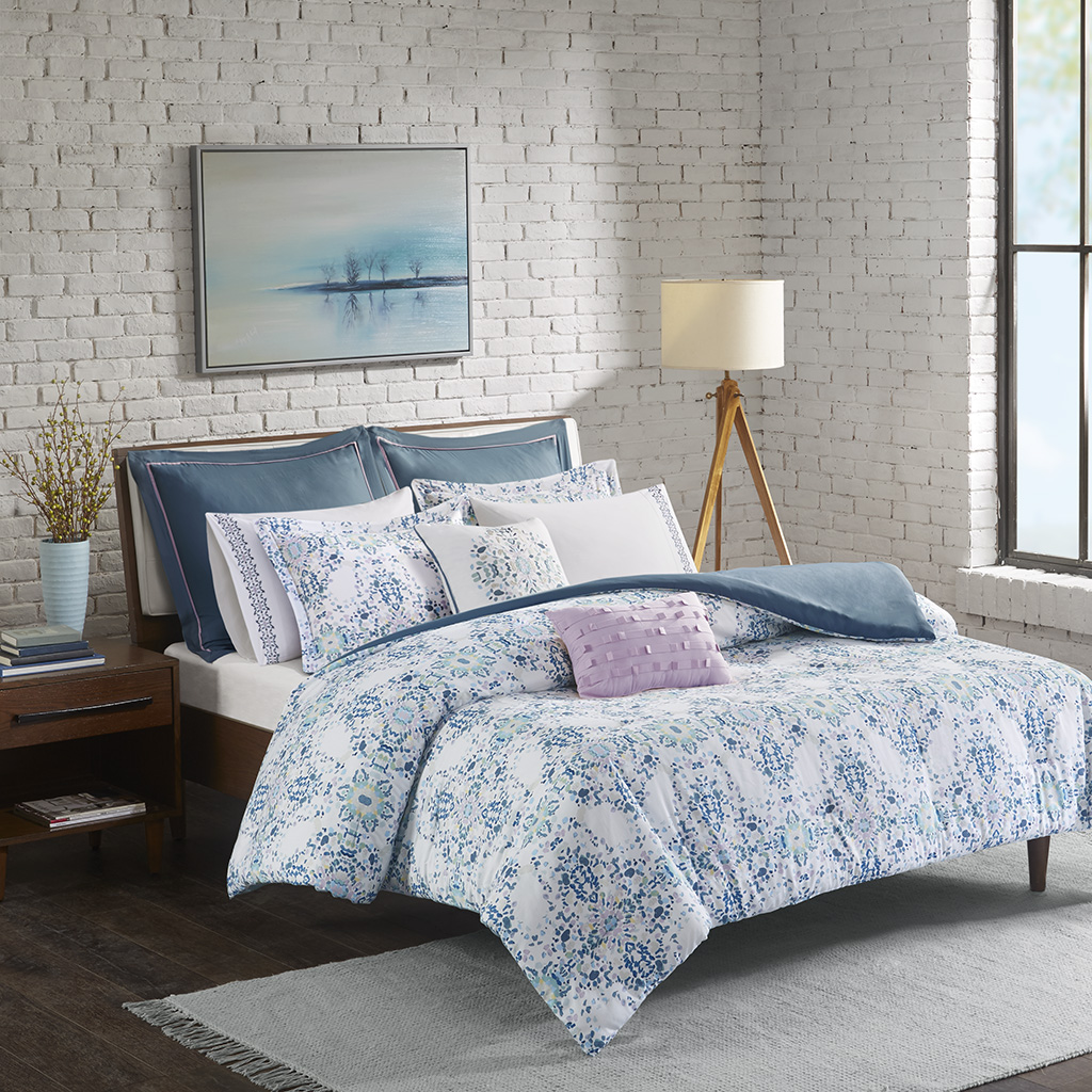 

Madison Park - Vero 9 Piece Cotton Printed Duvet Cover Set - Blue - King/Cal King