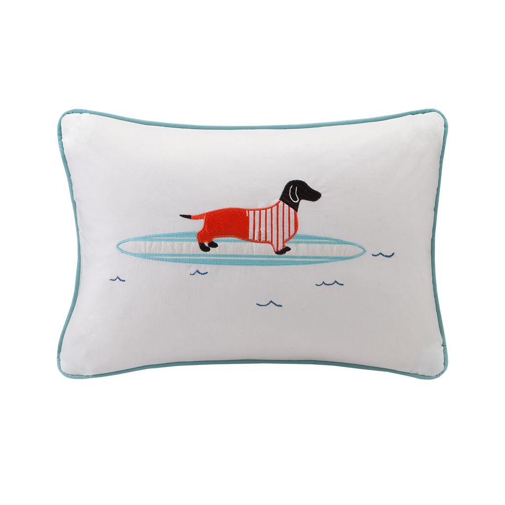 

HipStyle - Oscar Surfboard Dog Appliqued Cotton Oblong Pillow - Aqua - 14x20