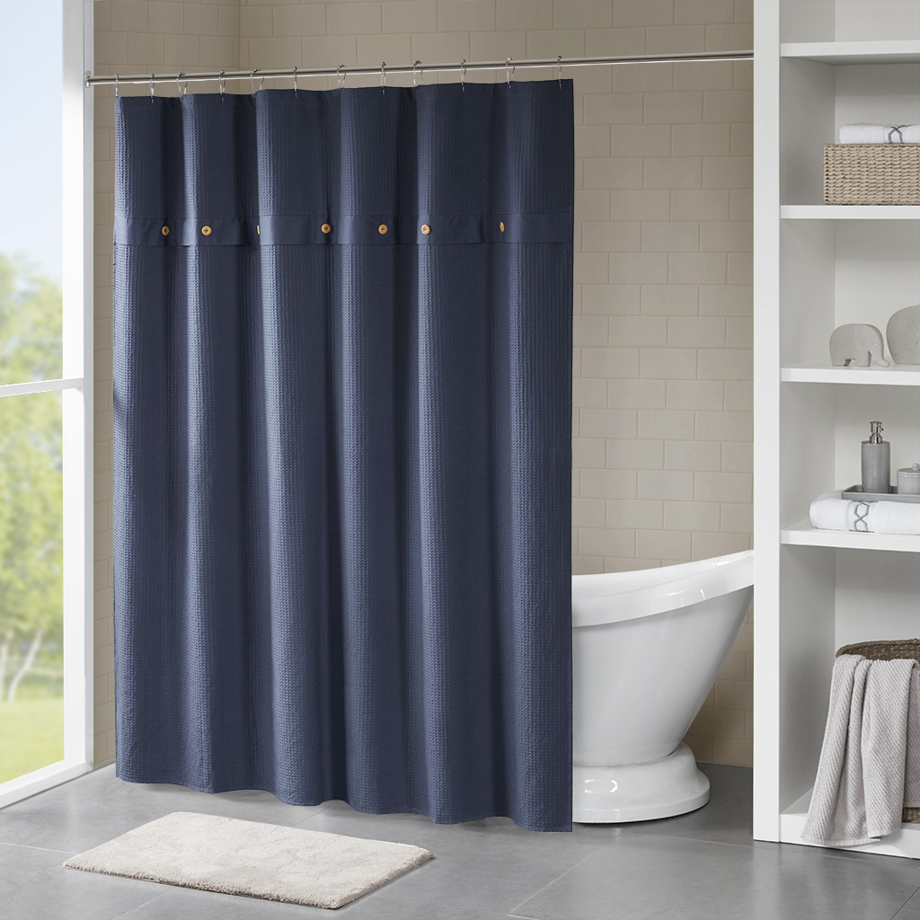 

Madison Park - Finley 100% Cotton Waffle Weave Textured Shower Curtain - Navy - 72x72