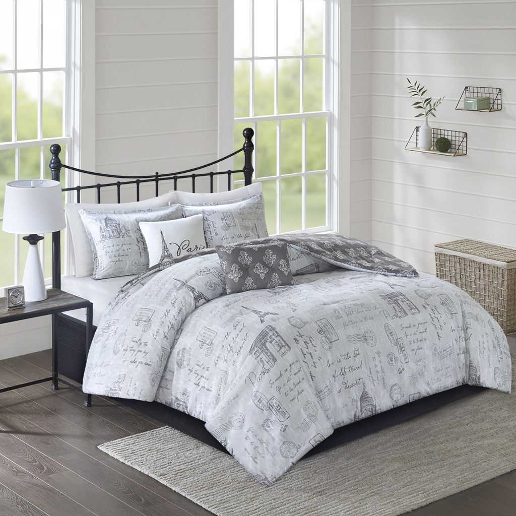 

510 Design - Marseille 5-Piece Reversible Paris Printed Comforter Set - Gray/Charcoal - Full/Queen