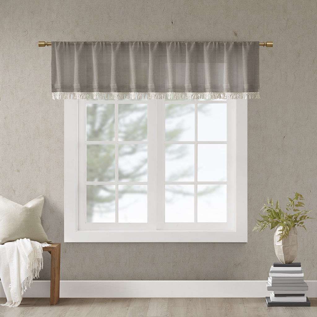 

Madison Park - Brynn Faux Linen Rod Pocket Valance With Tassel Trim - Taupe - 50x18