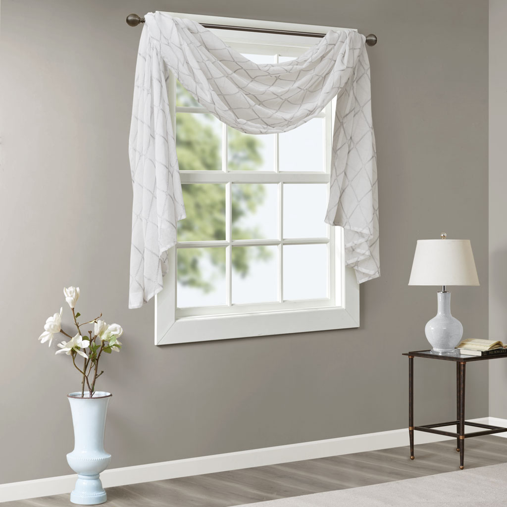 

Madison Park - Irina Diamond Sheer Embroidered Window Scarf - White/Grey - 50x144