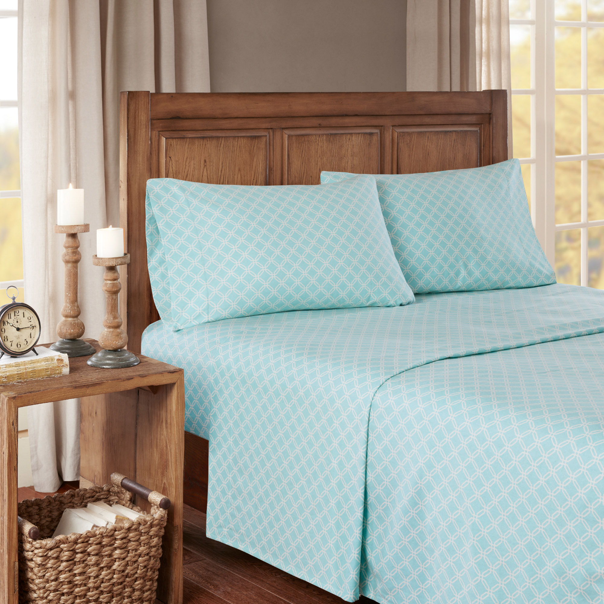 

True North by Sleep Philosophy - Cozy Flannel 100% Cotton Flannel Printed Sheet Set - Aqua Geo - Full