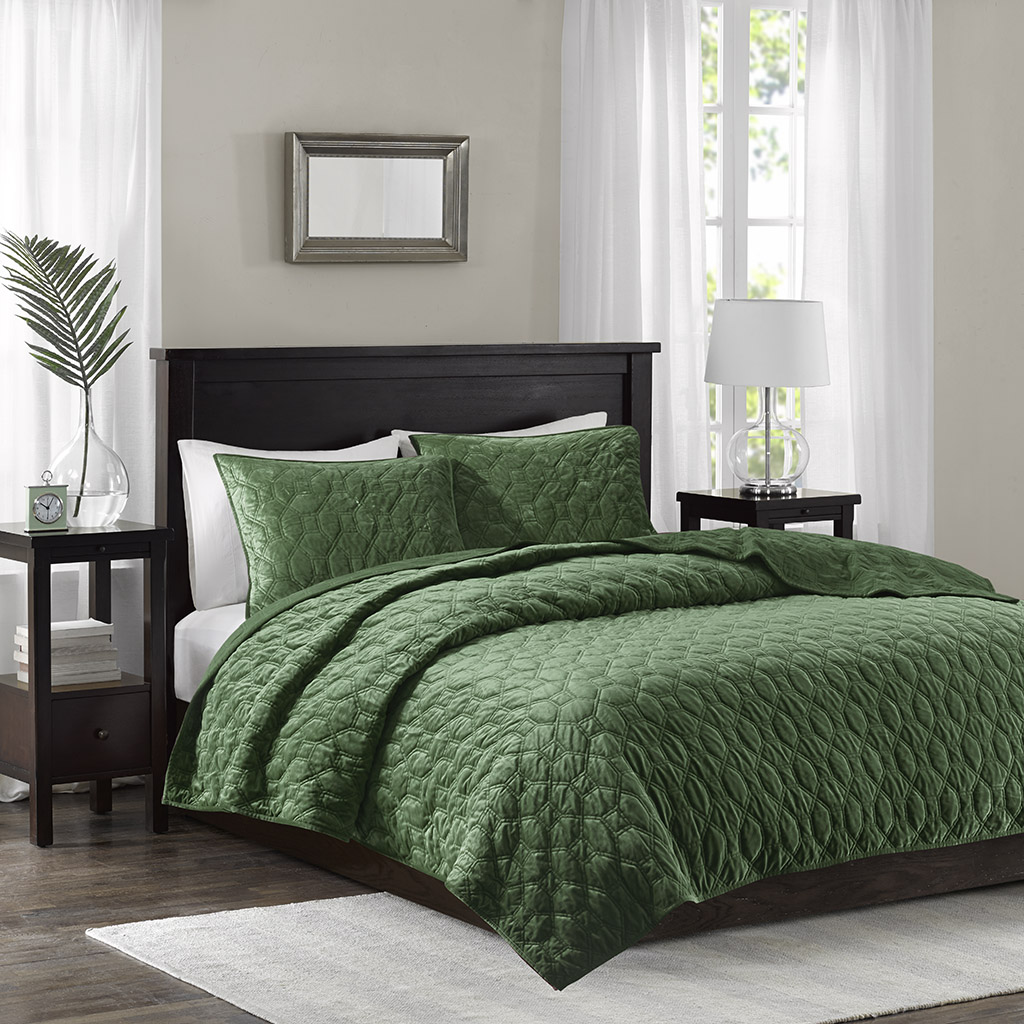 

Madison Park - Harper Faux Velvet Reversible 3 Piece Coverlet Set - Olive - King/Cal King