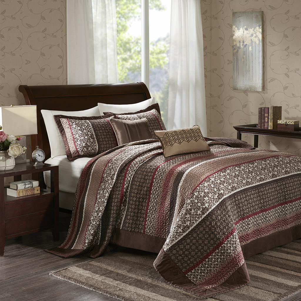 

Madison Park - Princeton 5 Piece Reversible Jacquard Bedspread Set - Red - Queen