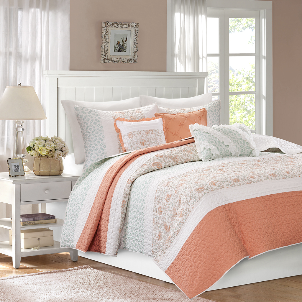 

Madison Park - Dawn 6 Piece Cotton Percale Reversible Coverlet Set - Coral - King/Cal King