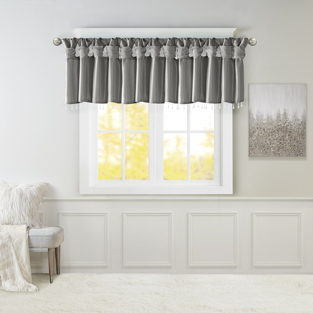

Madison Park - Emilia Lightweight Faux Silk Valance With Beads - Charcoal - 50x26
