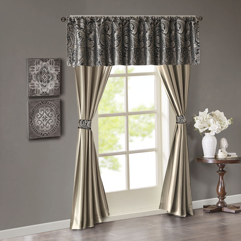 

Madison Park - Aubrey Jacquard and Solid Faux Silk 5 Piece Window Set - Black/Taupe - See below