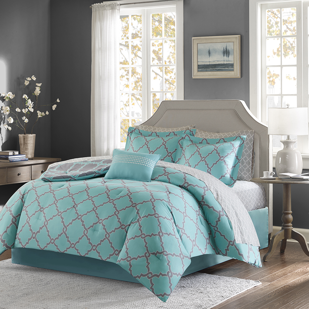 

Madison Park Essentials - Merritt Reversible Complete Comforter and Cotton Sheet Set - Aqua Grey - Cal King