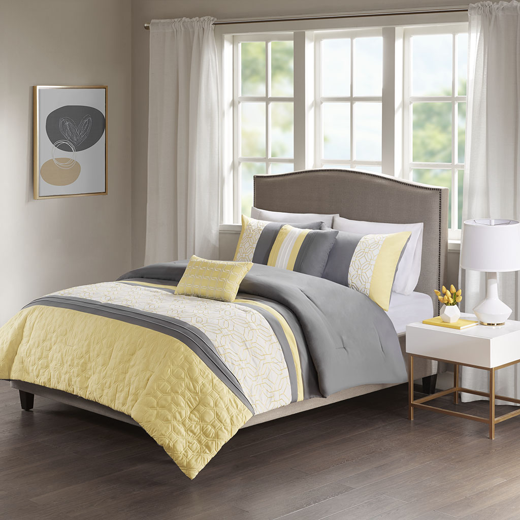 

510 Design - Donnell Embroidered 5 Piece Comforter Set - Yellow/Grey - King/Cal King