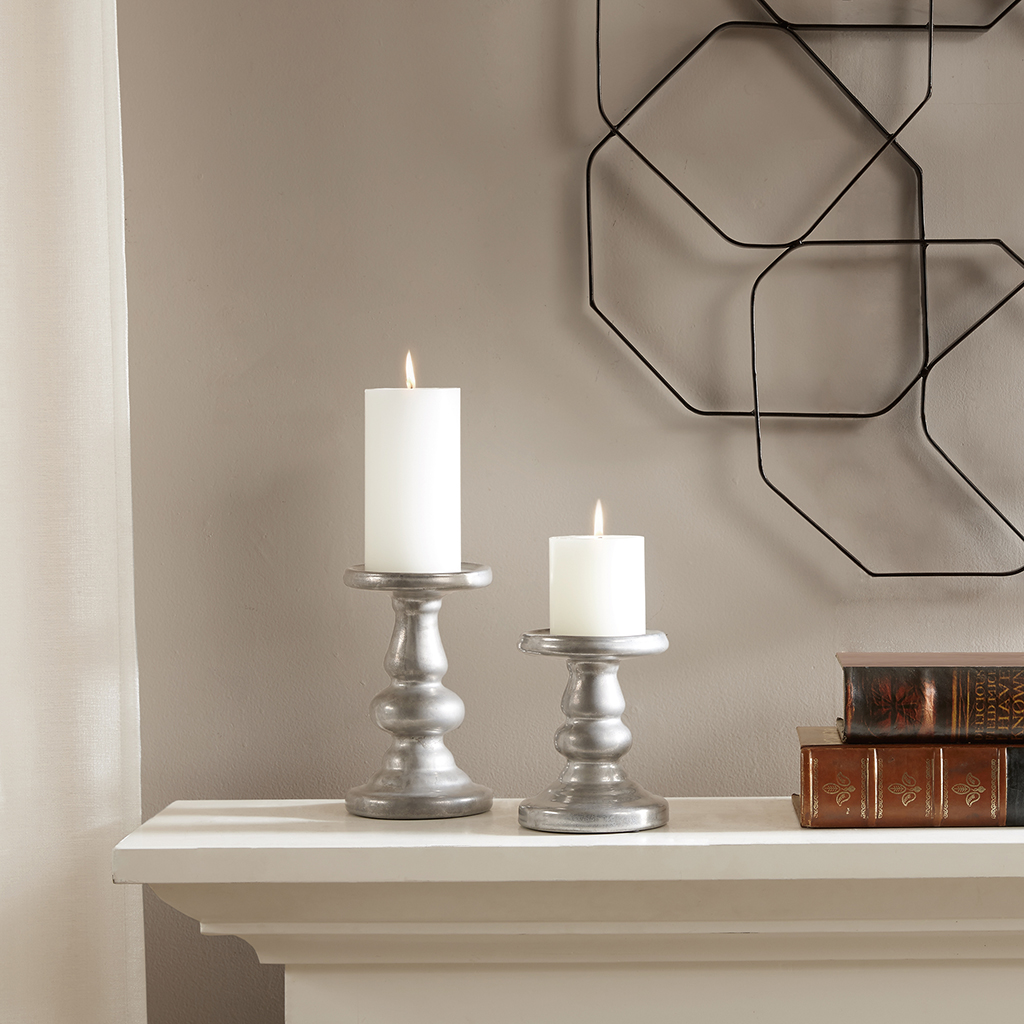 

Madison Park - Leighton Ceramic Candleholders Set of 2 - Silver - See below