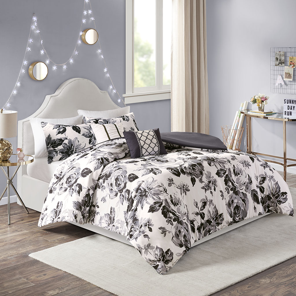 Intelligent Design Dorsey Floral Print Duvet Cover Set Black