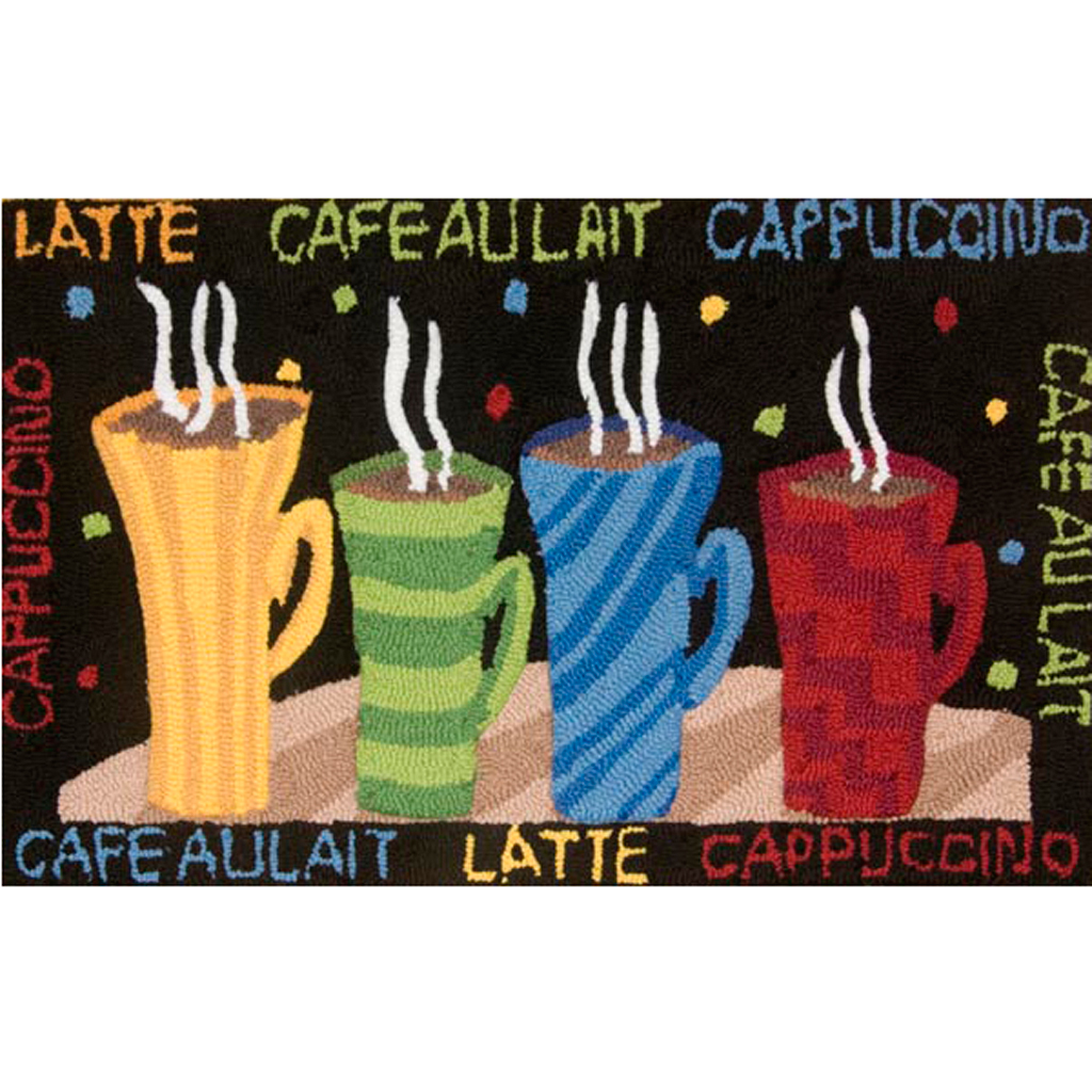 

Square 9 - Open House - Coffee Cups Hand Hooked Rug - Black - 27x45